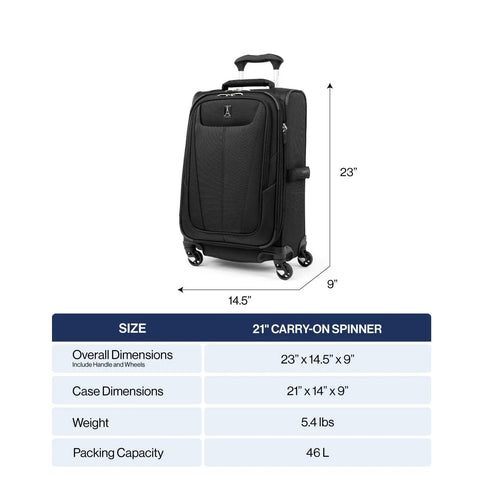 Travelpro Maxlite 5 softside carry-on luggage, black, 21-inch spinner with four wheels.