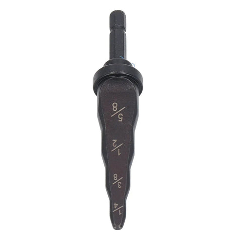 4 In 1 Pipe Tube Expander Tool For HVAC Copper Lines Set With Drill Bit, HSS drill bit marked for 1/4, 3/8, 5/8 inch tubing.