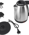 Fast As Lightning 2 Liter Electric Kettle With 1500 Watt Kickin Boiling Power Auto Shut Off And Dry Boil Protection on black base with plugs.