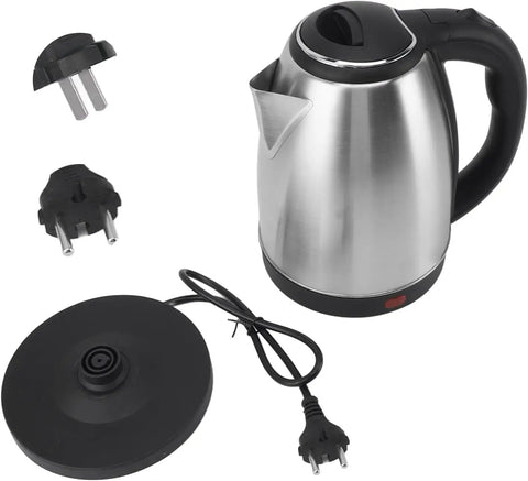 Fast As Lightning 2 Liter Electric Kettle With 1500 Watt Kickin Boiling Power Auto Shut Off And Dry Boil Protection on black base with plugs.