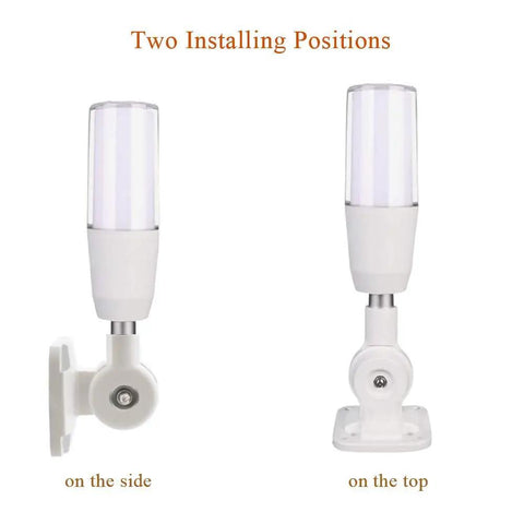 Industrial Signal Tower Light With Three Color LEDs Red Yellow Green 24V DC 100dB Buzzer Alarm Folding 180 Degree Lamp shown in two mounting positions