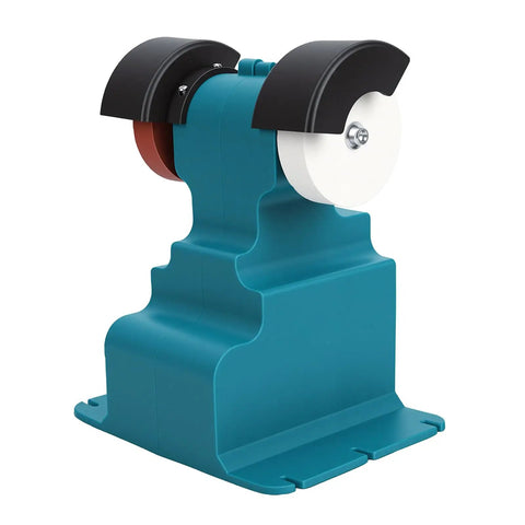 Jeffergarden Cordless Mini Bench Grinder With Two Wheels compact design features dual wheels for sharpening and polishing metal.