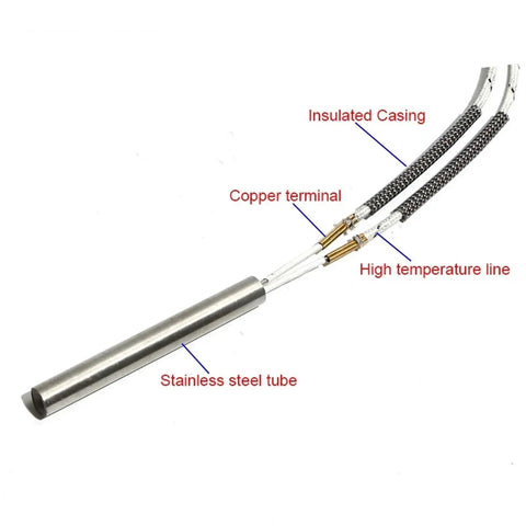 Heavy Duty 220V Cartridge Heater Elements 6mm Diameter Electric Tubular Immersion Air Heating Rods 200mm Length 490W close-up view with labeled parts.