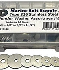 Front view of Marine Bolt Supply 316 stainless steel Fender Washer assortment kit in a clear plastic case