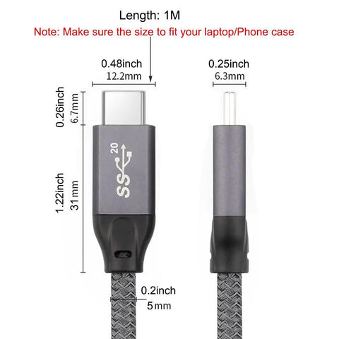 USB C To USB C Cable Long Range High Speed 8K30Hz 4K60Hz Display Cable With 20Gbps Data Transfer And 100W PD Fast Charging For Portable Monitors USB 3 Gen 2x2 Compatible With iPhone 17 MacBook iPad CarPlay And SSD, 1m cable ends