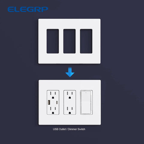 3 Gang Screwless Decorative Wall Plate Cover Mid Size Unbreakable Thermoplastic Faceplate For Decorator Receptacle Outlet Switch UL Listed 5 Pack Matte White showing installation over outlets and switch.