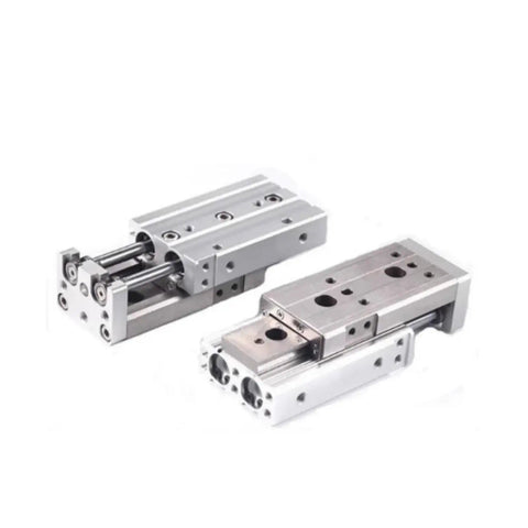 Heavy Duty Mxs8 Pneumatic Slide Table Cylinder Featuring Precision Linear Actuator Mechanics For Smooth Industrial Automation Rock Solid Performance With Compact Footprint And Quick Response Stroke, showing two cylinders.
