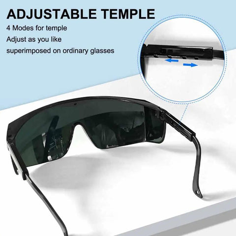 Legit Heavy Duty IPL Laser Safety Glasses With Solid Eye Protection And Broad Spectrum Shielding Against Ultraviolet Blue Light And Infrared Beams For Laser Hair Removal Treatment showing adjustable temple for improved fit.