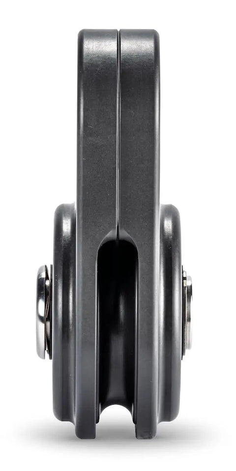 Snatch Block Pro Compact Recovery Block For Winch Lines Lightweight At Three Point Two Lbs Ideal For Serious Recoveries Two Point Five By Four Point Zero By Six Point Six Inch Frame Machined In USA From 6061 T6 Aluminum And 304 Stainless Steel, side view