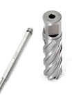 Front view of a silver annular cutter with 3/4 in Weldon shank and 13/16 in cutting diameter beside a matching shank rod