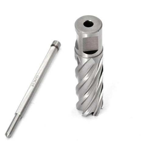 Front view of a silver annular cutter with 3/4 in Weldon shank and 13/16 in cutting diameter beside a matching shank rod