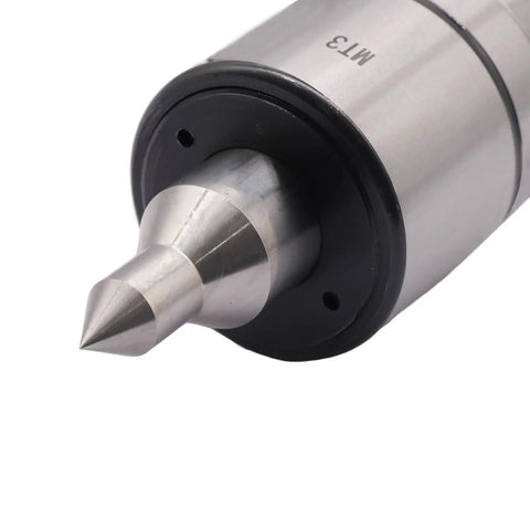 Close-up of Beefy Triple Bearing Long Nose Live Center for Lathe Tailstock, showing 60 degree point and high carbon steel construction.