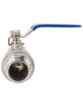 1 1/4 Inch NPT Ball Valve With 1000 WOG Rating And Rust Resistant 304 Stainless Steel Body For A No Drip Nonsense Seal front view with blue handle.
