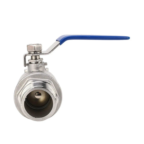 1 1/4 Inch NPT Ball Valve With 1000 WOG Rating And Rust Resistant 304 Stainless Steel Body For A No Drip Nonsense Seal front view with blue handle.