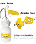 All-In-One Hydraulic Disc Brake Bleed Kit for Most Bike Brakes, Compatible With Shimano Sram Magura TEKTRO Hope Avid Formula Hayes and More, Includes Adapters Funnels and Connectors for Quick Clean Bleeding, showing bleed bottle and adapter.