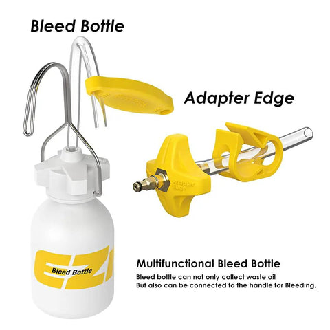 All-In-One Hydraulic Disc Brake Bleed Kit for Most Bike Brakes, Compatible With Shimano Sram Magura TEKTRO Hope Avid Formula Hayes and More, Includes Adapters Funnels and Connectors for Quick Clean Bleeding, showing bleed bottle and adapter.