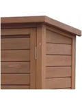 Massive Outdoor Storage Cabinet Crafted From Top Shelf Natural Cedar For Yard Gear And Hand Tools Weather Resistant Structure, cabinet corner detail.