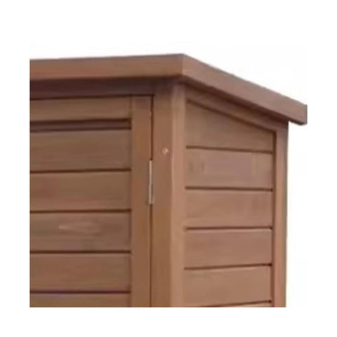 Massive Outdoor Storage Cabinet Crafted From Top Shelf Natural Cedar For Yard Gear And Hand Tools Weather Resistant Structure, cabinet corner detail.