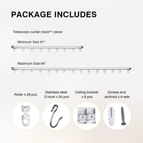 Adjustable Telescoping Curtain Track System With Ceiling Mount For Heavy Drapes And Room Dividers, No Tools Needed Length Adjustment, White Metal Rail For Thick Curtains, Smooth Glide, Sturdy Support, Modern Clean Look. Package includes 51" to 94" track with rollers and brackets.