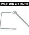 Two Pack Square Trailer Pins One Quarter Inch By Four Inch Heavy Duty Hitch Pins For Farm Trailers Towing And Lawn Equipment Made From Spring Steel With Corrosion Resistant Finish For Durable Quick Secure Attachments, showing one pin with zinc plating