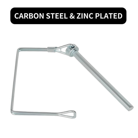 Two Pack Square Trailer Pins One Quarter Inch By Four Inch Heavy Duty Hitch Pins For Farm Trailers Towing And Lawn Equipment Made From Spring Steel With Corrosion Resistant Finish For Durable Quick Secure Attachments, showing one pin with zinc plating