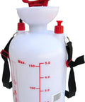 Lightweight 1.3 Gallon Lawn And Garden Sprayer with red handle and markings, featuring adjustable shoulder strap and pressure relief valve.