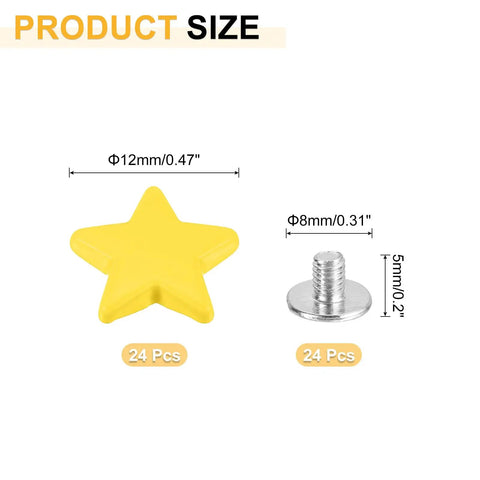 Solid 12mm Yellow Metal Star Rivets And Screw Back Studs, showing size specifications and quantity of 24 pieces.