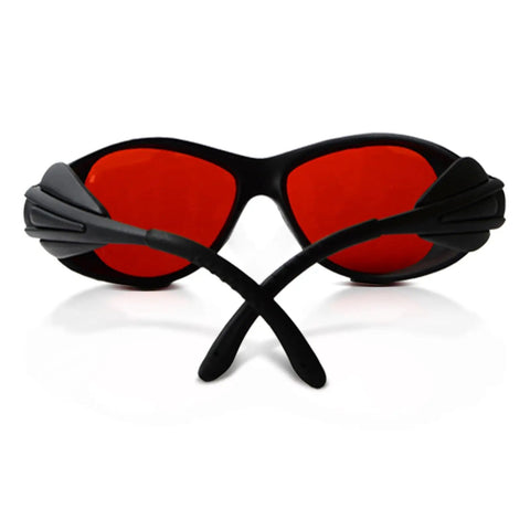 Bottom Line True Pro Level Laser Eye Protection With These Straight Fire Od6 Plus Safety Glasses Shielding 405 Nm To 532 Nm Rays in black with red tint.