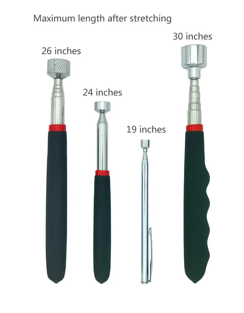 Magnetic pickup tool set; four telescoping magnet picks with black grips, lengths 19, 24, 26, and 30 inches.