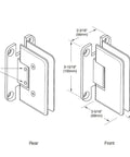 Hassle Free Adjustable Wall Mount Hinge Full Back Plate Design Fits 3/8 To 1/2 Inch Tempered Glass with dimensions included.