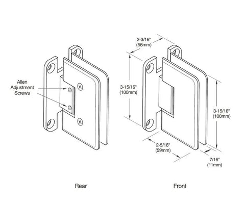 Hassle Free Adjustable Wall Mount Hinge Full Back Plate Design Fits 3/8 To 1/2 Inch Tempered Glass with dimensions included.