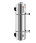 Tube Shell Heat Exchanger 200KBTU Stainless Steel For Pools Hot Tubs And Solar One Inch By One And A Half Inch FPT Vertical View