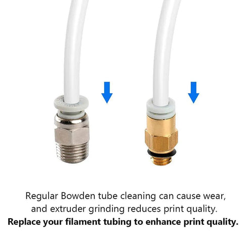 PTFE Teflon Tubing 6mm ID X 8mm OD White Translucent Hose for Bowden 3D Printer ends with connectors shown