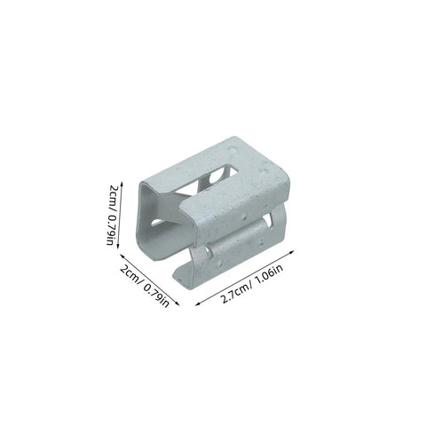 Rock Solid Spring Steel Solar Panel Mounting Clips 10 Pack close-up view of silver clip dimensions 2cm x 2cm x 2.7cm for roof fasteners.