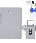 Hassle Free 125 Khz Smart Cabinet Lock With Electronic Rfid Card Access For Warehouse Sauna Library Office Locker No Drill Gray components including lock, key fobs, and accessories.