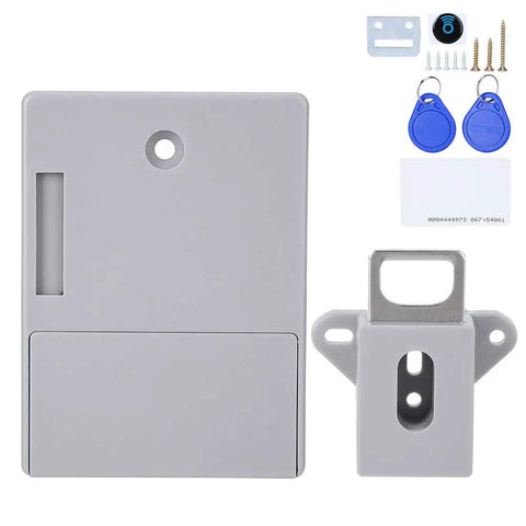 Hassle Free 125 Khz Smart Cabinet Lock With Electronic Rfid Card Access For Warehouse Sauna Library Office Locker No Drill Gray components including lock, key fobs, and accessories.