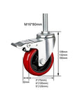 Heavy Duty Swivel Caster Wheels With Brake For Garage And Workshop, 4-inch red wheel with threaded stem, side view