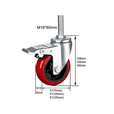 Heavy Duty Swivel Caster Wheels With Brake For Garage And Workshop, 4-inch red wheel with threaded stem, side view