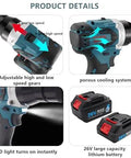 Top Tier Cordless Rivet Gun And Pop Riveter Set With Long Lasting Battery M3 To M12 showing adjustable speed gears and LED light.