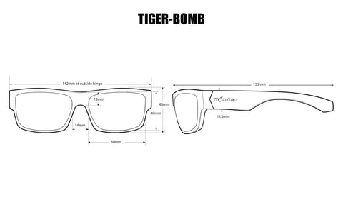 Technical diagram of Men's Safety Glasses With Smoke Lens, Matte Black Wraparound Frame, ANSI Z87 Compliant Sunglasses dimensions.