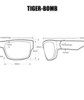 Technical diagram of Men's Safety Glasses With Smoke Lens, Matte Black Wraparound Frame, ANSI Z87 Compliant Sunglasses dimensions.
