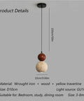Travertine Pendant Light Spherical Walnut Wood Hanging Lamp Natural Stone Modern Nordic Fixture Adjustable Height for Bedroom Dining Room Study Bedside, showing dimensions.