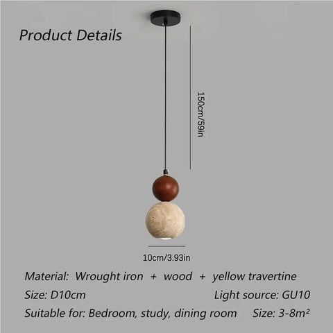 Travertine Pendant Light Spherical Walnut Wood Hanging Lamp Natural Stone Modern Nordic Fixture Adjustable Height for Bedroom Dining Room Study Bedside, showing dimensions.