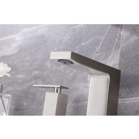 Side view of Brushed Nickel Widespread Bathroom Faucet 3 Hole 2 Handle Vanity Sink Faucet Stainless Steel With Drip Free Ceramic Disc Valves