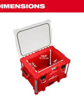 PACKOUT 40QT XL Cooler Box With Impact Resistant Polymer Body Drain Plug Food Grade Cutting Board And Divider Interior Storage Tray Ice Retention Up To Five Days And Modular Connectivity With All PACKOUT Components open showing dimensions