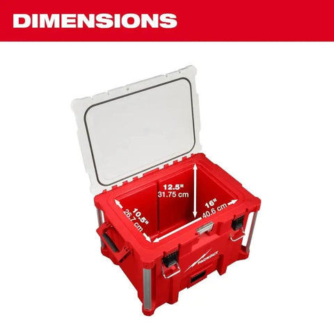 PACKOUT 40QT XL Cooler Box With Impact Resistant Polymer Body Drain Plug Food Grade Cutting Board And Divider Interior Storage Tray Ice Retention Up To Five Days And Modular Connectivity With All PACKOUT Components open showing dimensions