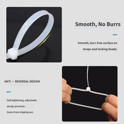 Heavy Duty Cable Ties For Quick Cord Cleanup And Wire Harness Organization PA66 Nylon Bundle Straps with smooth, burr-free design.