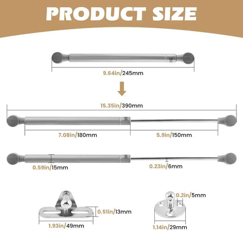 Product size diagram of Two Pack Soft Close Lid Supports Hinges For Storage Chests And Lift Top Benches, 150N Adjustable Lid Stay Hardware.