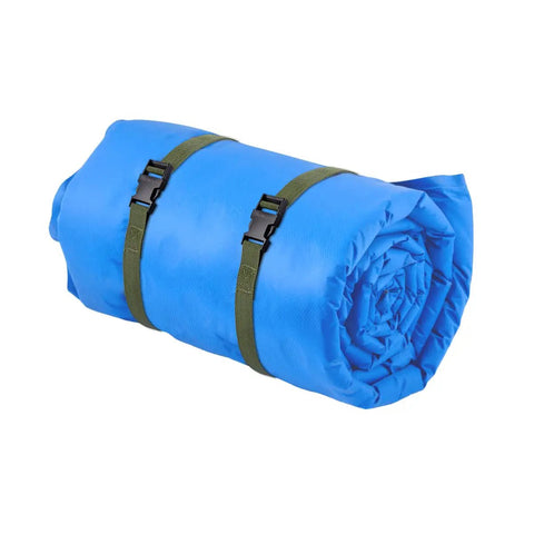 Blue sleeping bag rolled with Beefy 2 Pack Luggage Straps With Quick Release Buckles, Heavy Duty 1 Inch Nylon Straps, Army Green
