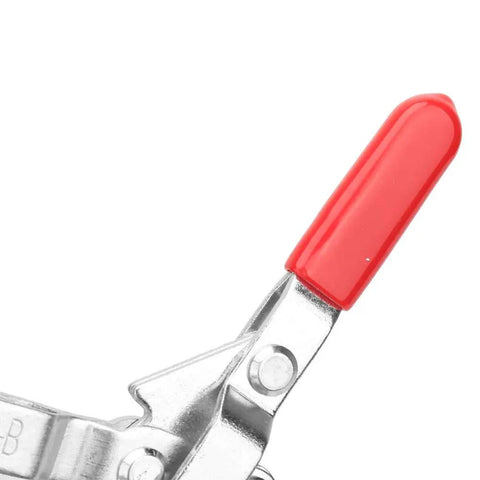 Vertical Toggle Clamp 100Kg Pull Force With Ergonomic Handle 70mm Length 45 Carbon Steel Construction Rock Solid Quick Operation Holding Clamp For Machining Assembly And Industrial Testing, red handle close-up
